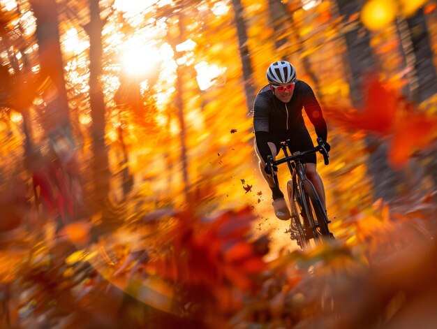 Un ciclista cabalgando a través de coloridas hojas de otoño en un sendero forestal