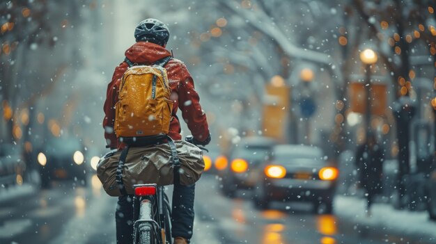 Ciclista en la calle de la ciudad nevada