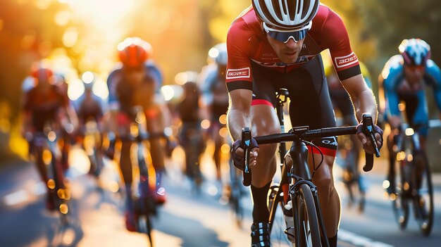 Foto un ciclista con una camiseta roja está compitiendo contra otros ciclistas en un día soleado.