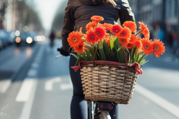 Foto ciclista con una canasta de gerberas en un carril para bicicletas de la ciudad