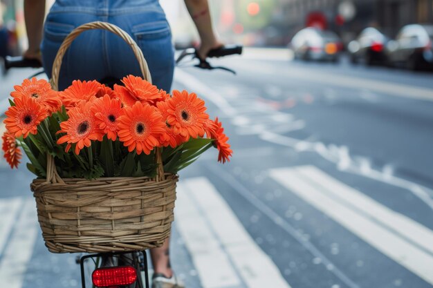 Foto ciclista con una canasta de gerberas en un carril para bicicletas de la ciudad