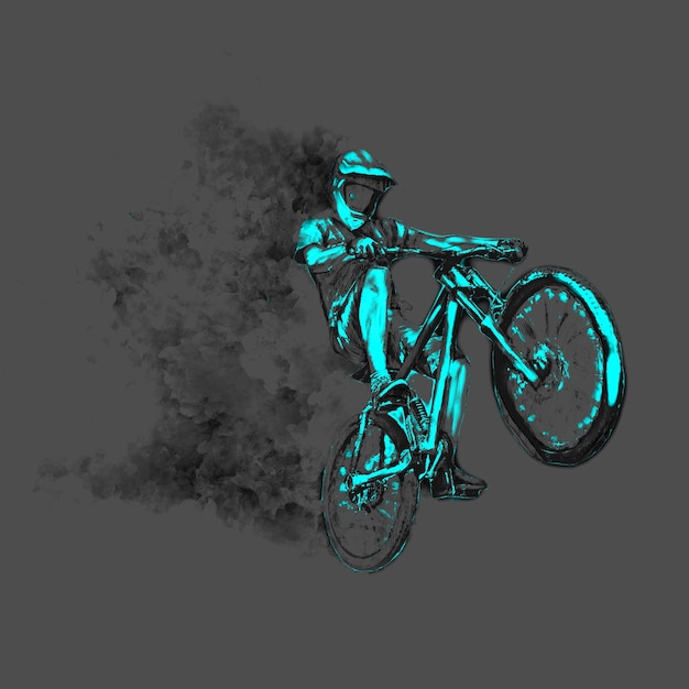 Un ciclista con casco en una bicicleta cuesta abajo se encuentra en la rueda trasera. Ilustración en color de acuarela y lápiz sobre un fondo gris oscuro.