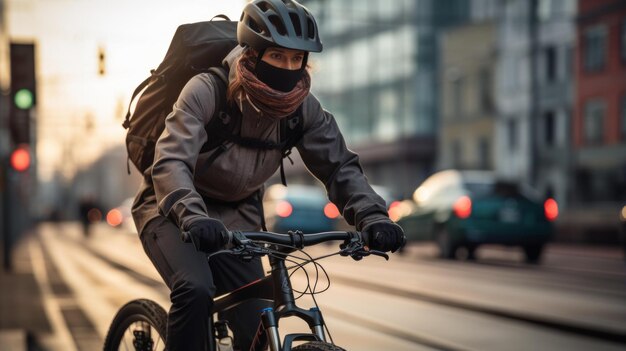 Un ciclista con casco y máscara facial monta una bicicleta en la ciudad