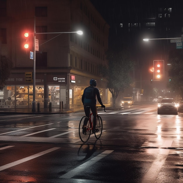 Foto un ciclista circula por una intersección concurrida de noche.