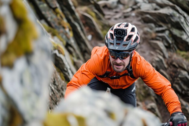 Ciclista com câmera de ação no capacete descendo uma trilha rochosa