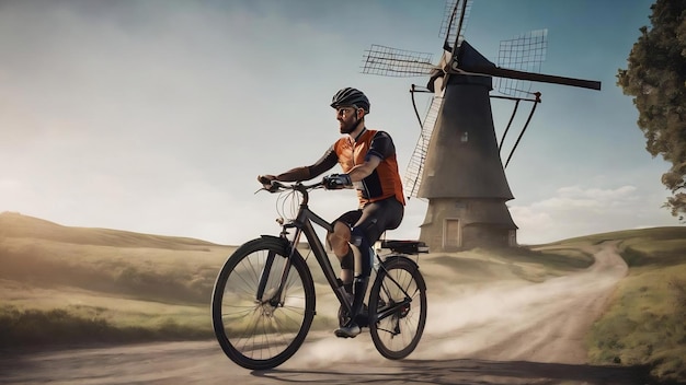 Ciclista com o tema de transporte limpo do moinho de vento levantando o punho após um conceito vencedor da vitória