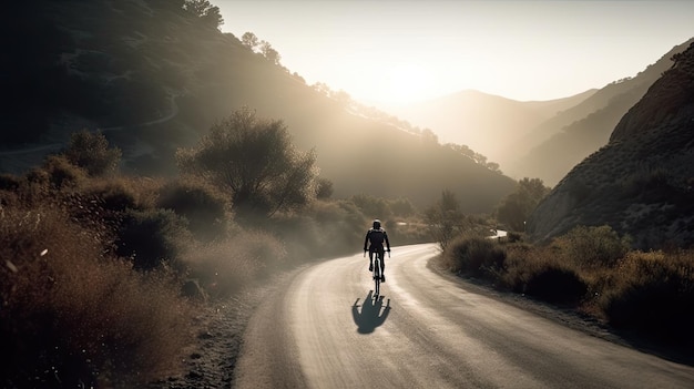 Ciclista correndo por uma estrada sinuosa na montanha