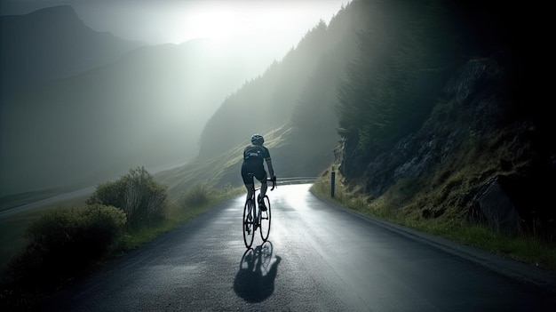 Ciclista correndo por uma estrada sinuosa na montanha