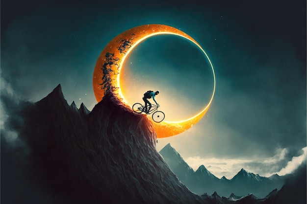 Un ciclista cruzando un acantilado contra el cielo con eclipse solar estilo de arte digital ilustración pintura concepto de fantasía de un ciclista en bicicleta en la montaña