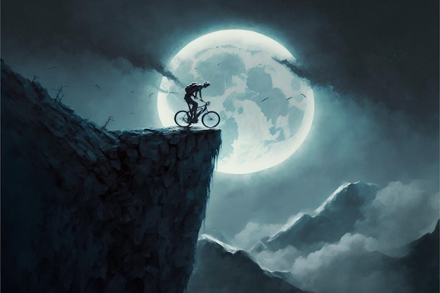 Un ciclista cruzando un acantilado contra el cielo con eclipse solar estilo de arte digital ilustración pintura concepto de fantasía de un ciclista cruzando un acantilado