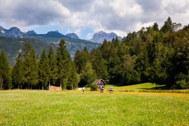 Ciclista de bicicleta de montanha equitação faixa rural