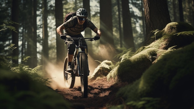 Foto ciclista de montanha montando em paisagem de montanha