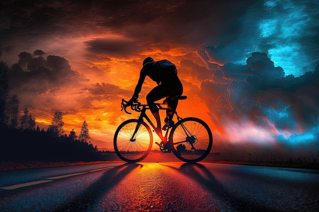Este ciclista decidido pedalea a través de la luz de la mañana con los colores cálidos del amanecer creando Generado por IA
