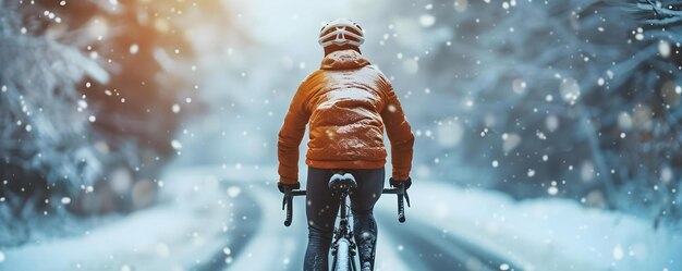 Un ciclista desafía las carreteras nevadas de invierno abrazando la aventura fría Concepto Ciclismo de invierno Paisajes nevados Aventuras de clima frío Deportes al aire libre Deportes extremos