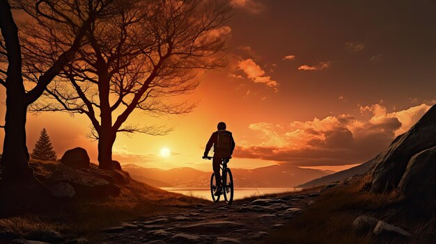 Ciclista em meio ao pôr do sol marcado por silhuetas de árvores