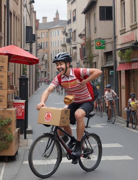 Ciclista de entrega felizmente entregando una caja de pizzas