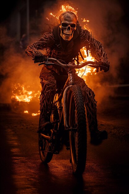 Foto un ciclista esqueleto en llamas viaja a través de la ciudad infierno de un conductor ai generado