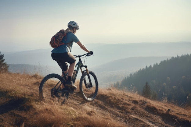 Ciclista femenina activa montando bicicleta en una montaña IA generativa AIG18