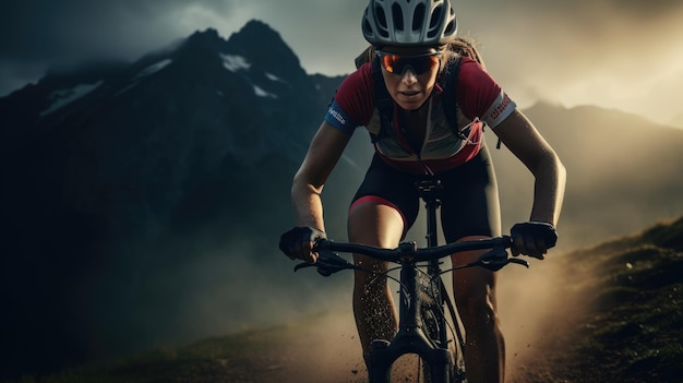 Una ciclista femenina montando en un terreno montañoso Ciclismo extremo Ciclismo deportivo