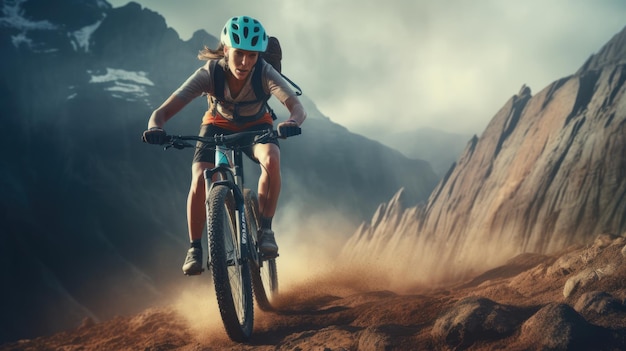 Una ciclista femenina montando en un terreno montañoso Ciclismo extremo Ciclismo deportivo