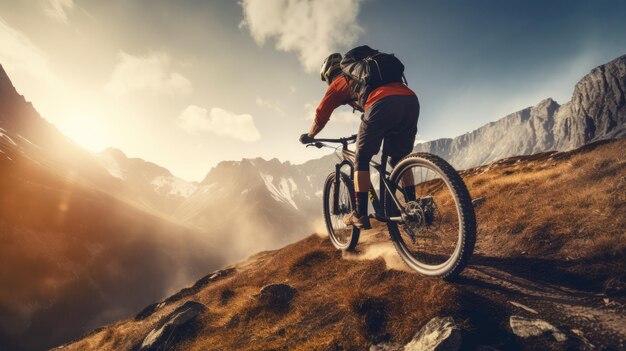 Una ciclista femenina montando en un terreno montañoso Ciclismo extremo Deporte ciclista