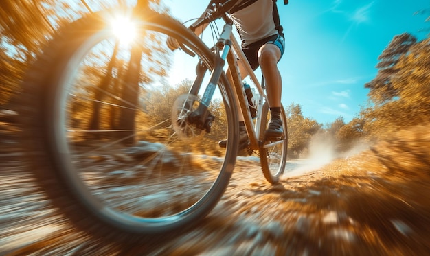 Ciclista fotográfico em dia ensolarado Foto de viagens de aventura em mountain bike