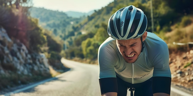 Foto un ciclista hace caras de dolor mientras viaja por una ruta de montaña mostrando signos de incomodidad articular y muscular concepto lesiones deportivas actividades al aire libre ejercicio dolor desafíos ciclísticos