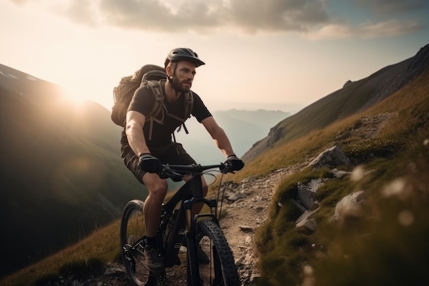 Ciclista masculino activo montando bicicleta en una montaña AI generativa AIG18