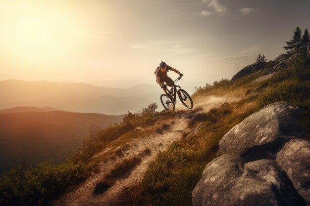 Ciclista masculino activo montando en bicicleta en una montaña IA generativa AIG18