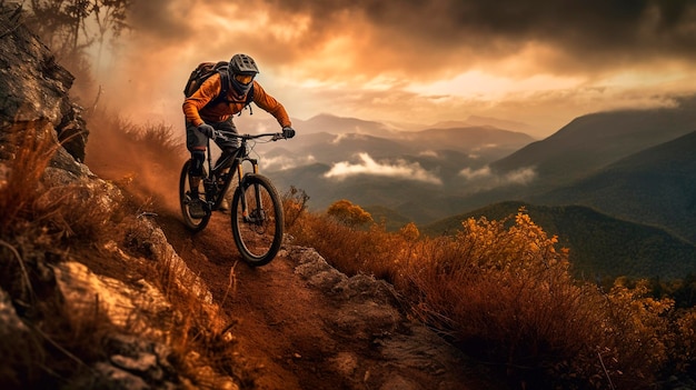 Ciclista masculino activo montando en bicicleta en una montaña IA generativa