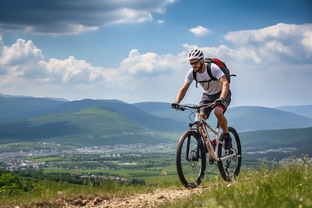 Ciclista masculino andando de bicicleta de montanha em um dia ensolarado