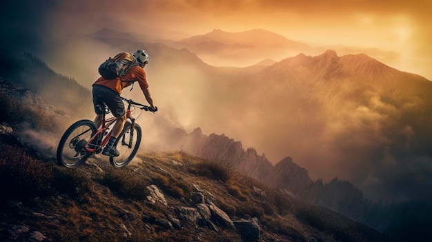 Ciclista masculino ativo andando de bicicleta em uma montanha IA generativa