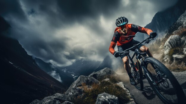 Un ciclista masculino montando en un terreno montañoso Ciclismo extremo Deporte de ciclismo