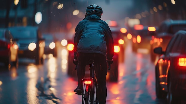 ciclista masculino pasando atasco de tráfico