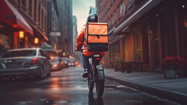 Un ciclista con una mochila en la espalda viaja por una calle con coches y un hombre en la calle.