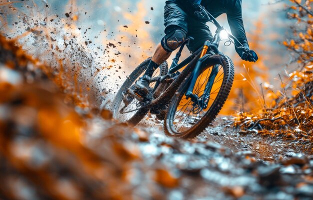 Un ciclista monta en bicicleta de montaña en el bosque