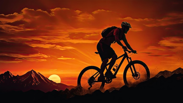 Ciclista de montaña al atardecer que simboliza el triunfo superando desafíos y haciendo ejercicio