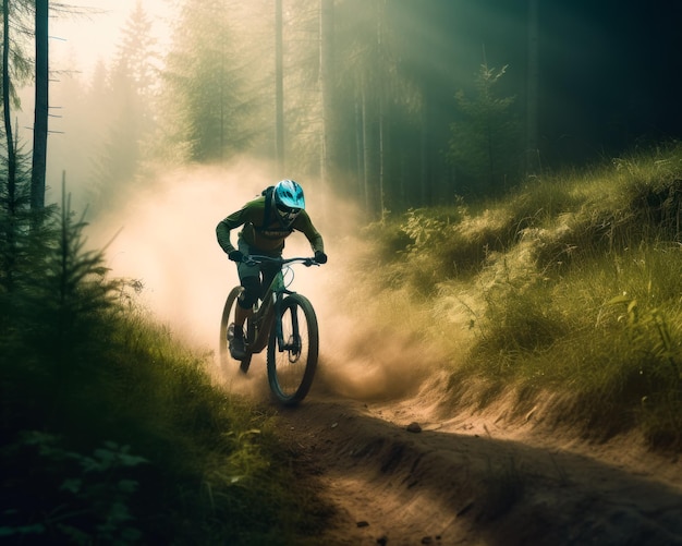 Un ciclista de montaña bajando por el sendero Un hombre montando una bicicleta por un camino de tierra