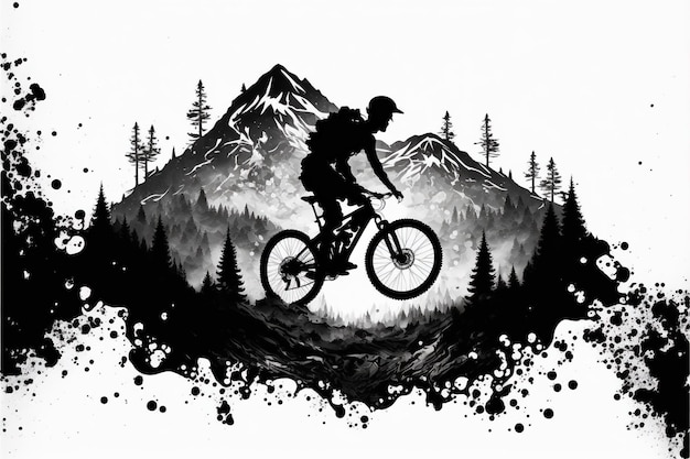 Ciclista de montaña blanco y negro con paisaje de montaña de doble exposición