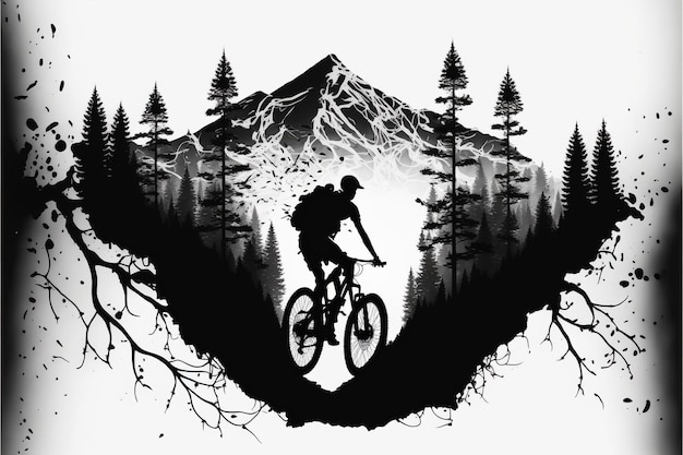 Foto ciclista de montaña blanco y negro con paisaje de montaña de doble exposición