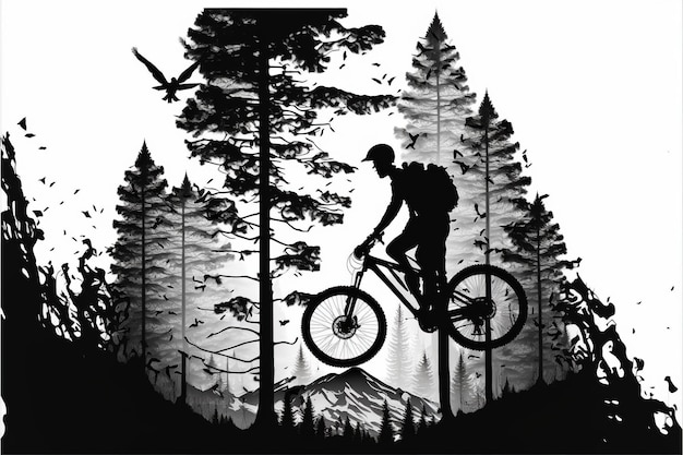 Ciclista de montaña blanco y negro con paisaje de montaña de doble exposición