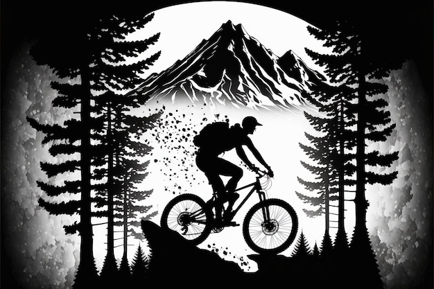 Ciclista de montaña blanco y negro con paisaje de montaña de doble exposición