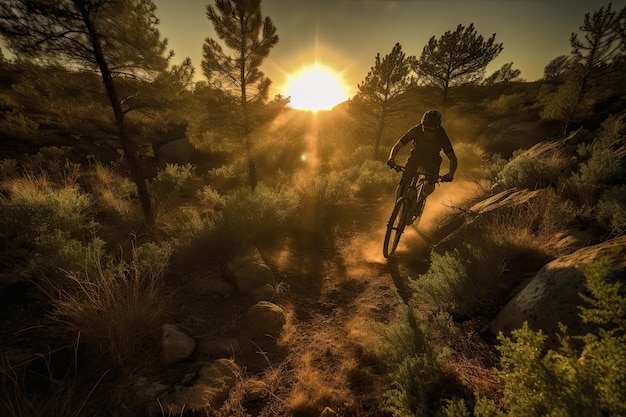 Ciclista de montaña cabalgando por un sendero accidentado