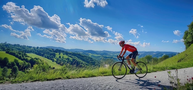 Ciclista de montaña en la colina con bicicleta