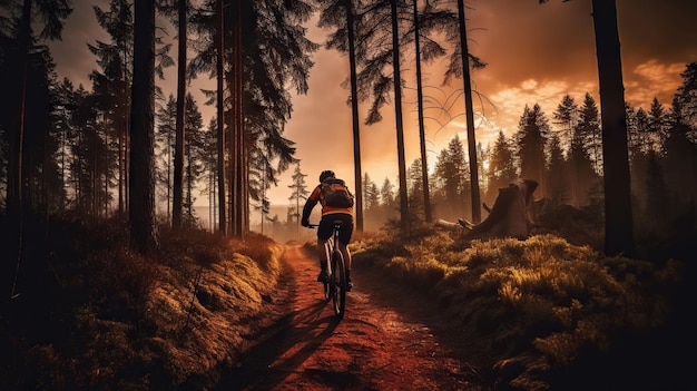 Ciclista de montaña inspirador paisaje forestal Hombre en bicicleta en pista de enduro IA generativa