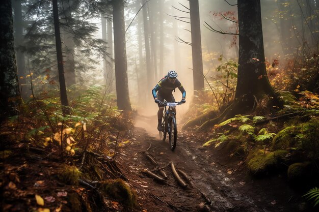 Un ciclista de montaña recorre un bosque con niebla y árboles al fondo