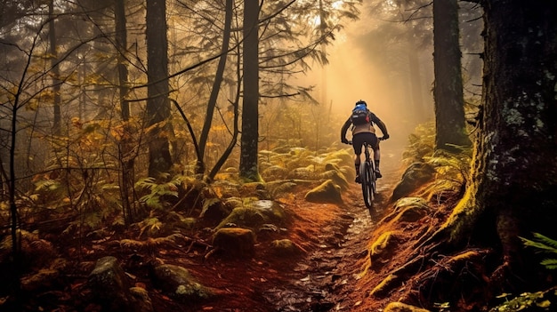 Un ciclista de montaña recorre un bosque con el sol brillando sobre los árboles.