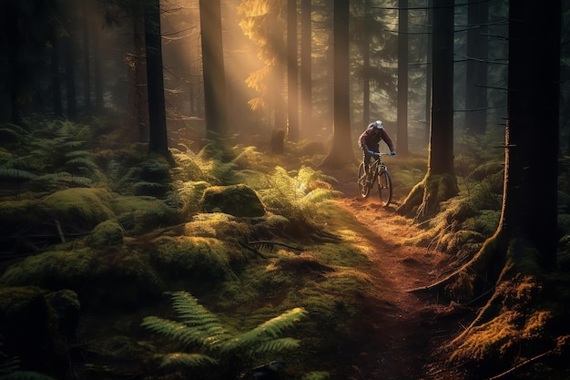 Un ciclista de montaña recorre un bosque con el sol brillando sobre los árboles.