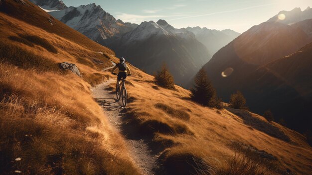 Un ciclista de montaña recorre un paisaje montañoso con montañas al fondo.