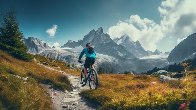 Ciclista de montaña en un sendero con montañas al fondo